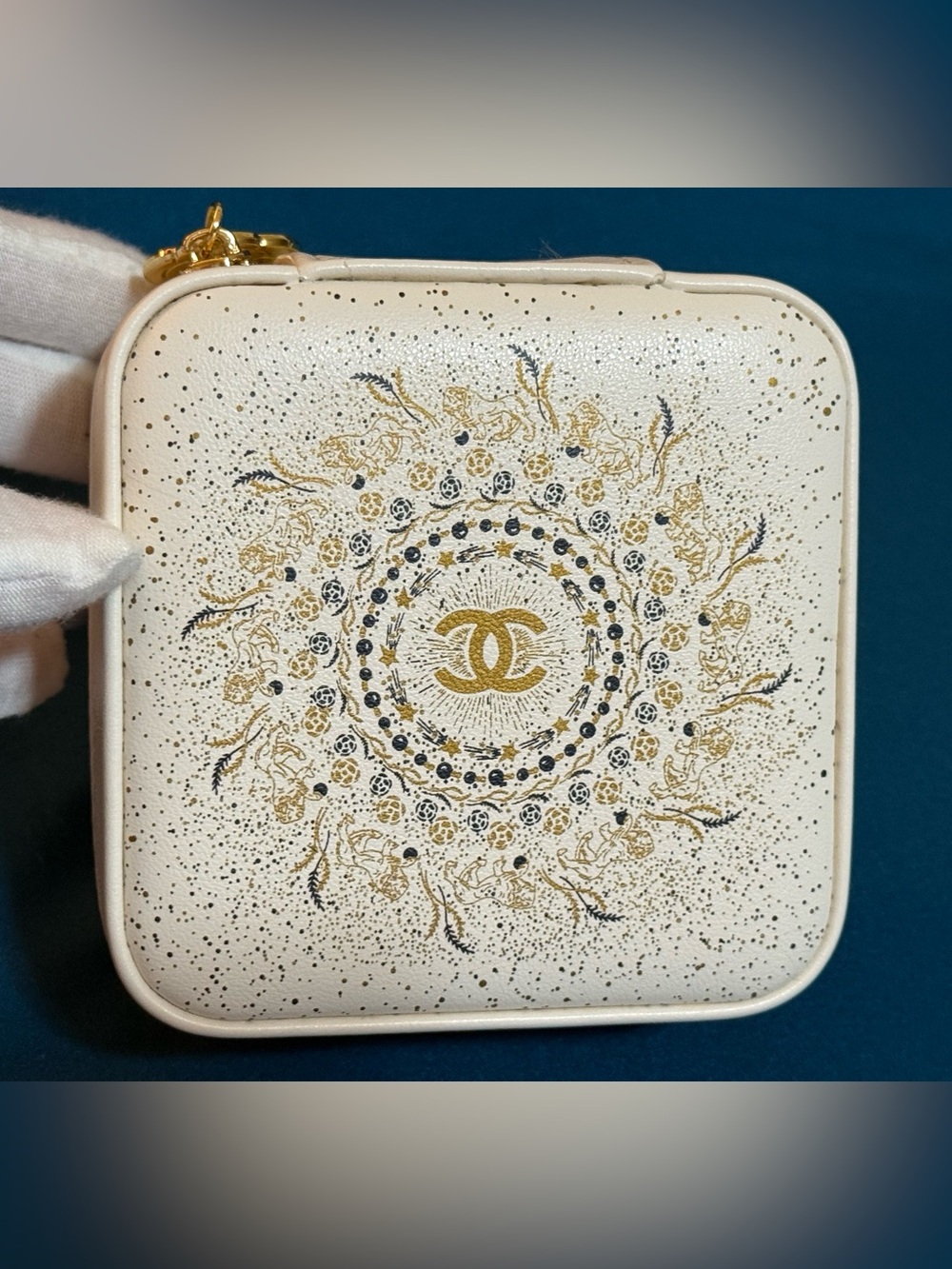 CHANEL White LeatherJewlery Case with Gold and Navy Medallion Print- GWP
